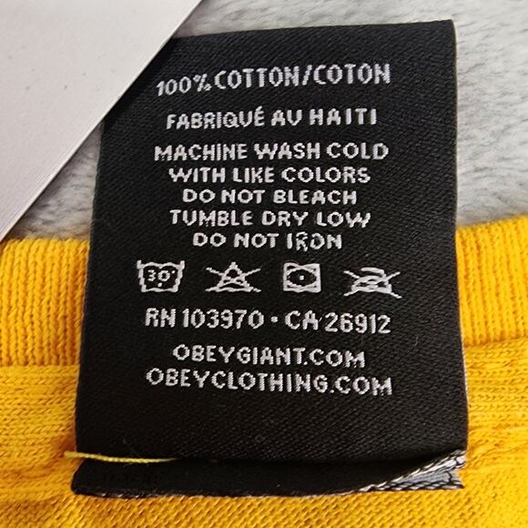 Vintage OBEY Top Womens M Mustard Yellow Boxy Crop Logo Graphic Tee Casual - Picture 5 of 8